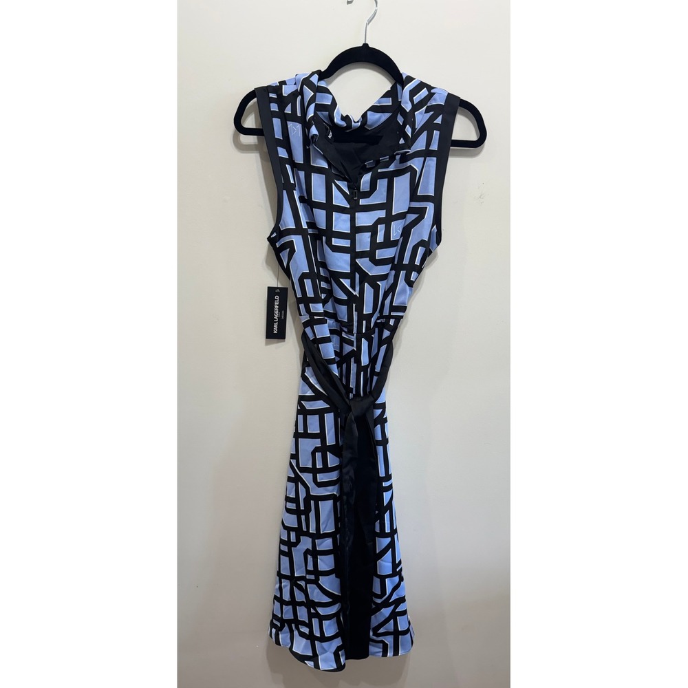 Karl Lagerfeld Paris Blue Black Geometric Maze Print Tie Waist Dress LD3KZB82